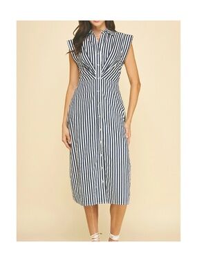 PINCH Button Cotton Striped Midi Dress SZ M Nautical Blue & White Summer Resort